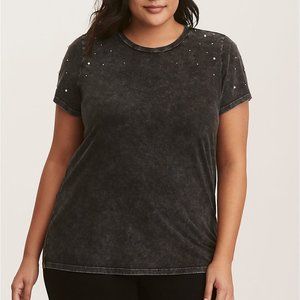Pearl-Studded Blank Mineral Wash Crew Neck Tshirt